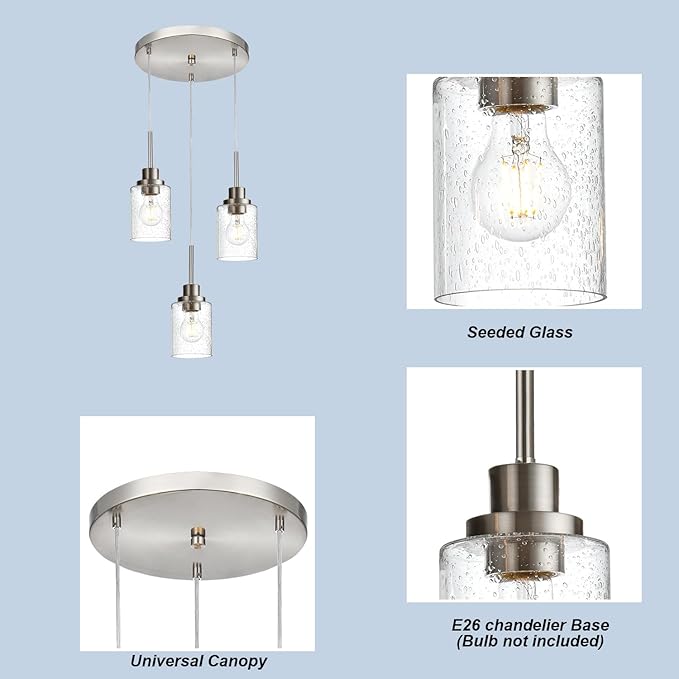 3-Light Contemporary Pendant Lighting with Clear Seeded Glass,Brushed Nickel Dining Room Chandelier Light Fixture Modern Kitchen Island Cluster Hanging Ceiling Pendant Lights for Sink Bar-Ruum Studio Home