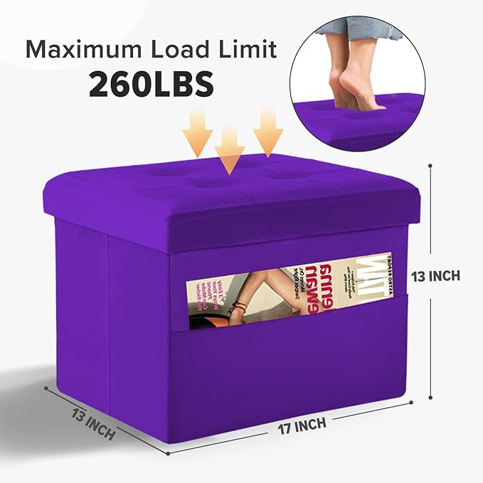 LINMAGCO Storage Ottoman Folding Foot Stool Foot Rest with Side Pocket Modern Ottoman with Storage Short Sofa Stool Velvet 17x13x13(Purple)-Ruum Studio Home