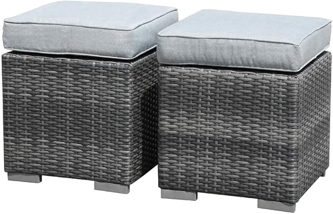 Patiorama 2 Pieces Assembled Outdoor Patio Ottoman, Indoor Outdoor All-Weather Grey Wicker Rattan Outdoor Footstool Footrest Seat with Light Grey Cushions, No Assembly Required-Ruum Studio Home