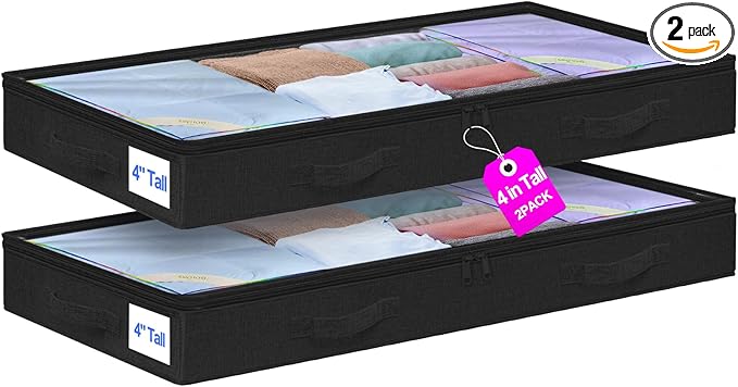 punemi Under Bed Storage Containers, Below 4 Inches Tall Low Profile Foldable Under Bed Storage,No Structure, Soft Fabric Blanket Storage and Clothing Storage with Zipper, 2 Pack, 20x40x3.7in, Black-Ruum Studio Home
