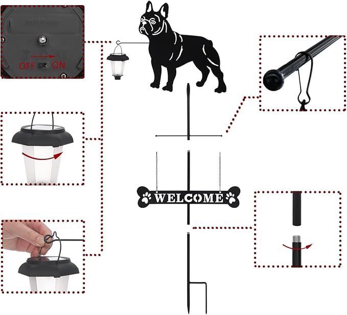 BAYN Solar French Bulldog Silhouette Dog Breed Welcome Sign with a Lantern Outdoor Decorative Garden Stakes for Yard, Lawn, Patio, Pathway-Ruum Studio Home