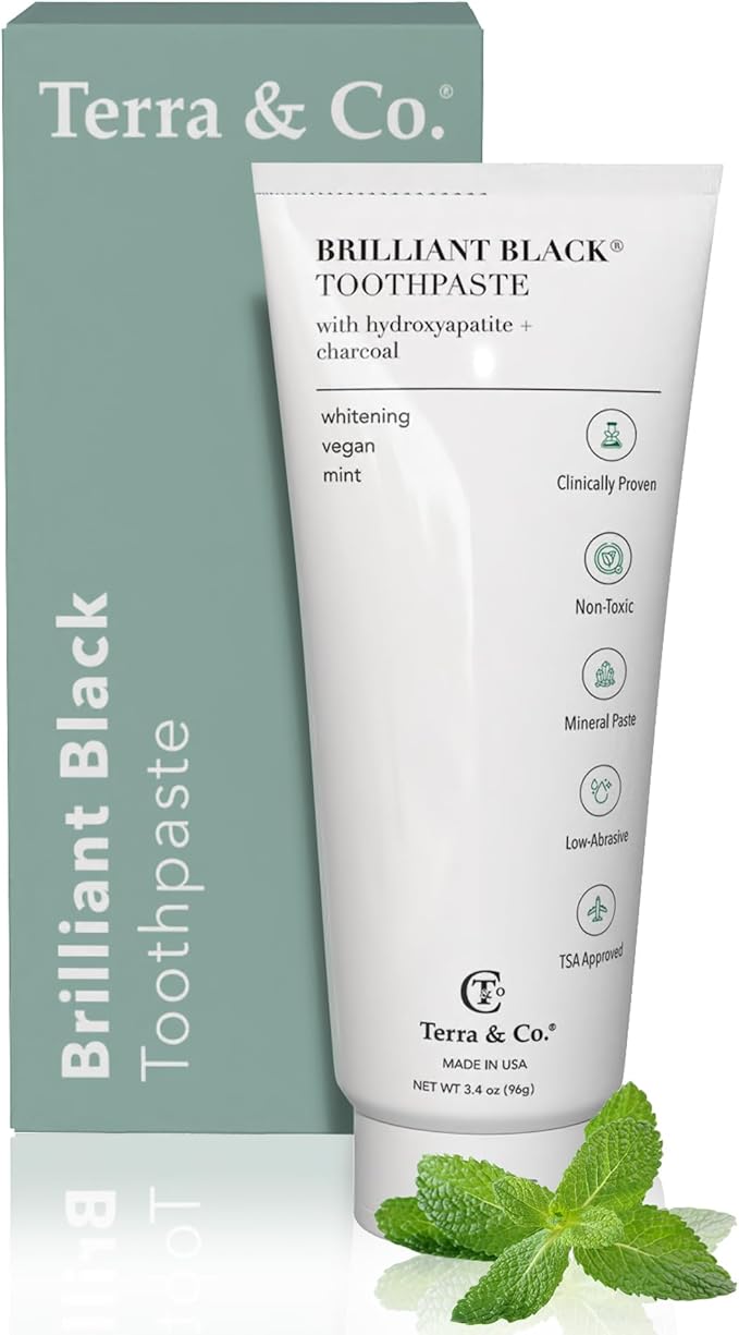Terra & Co. Brilliant Black Hydroxyapatite Toothpaste for Whitening Teeth – USA-Made - Natural Remineralizing Toothpaste, Fluoride-Free, Vegan, SLS-Free, Low Abrasion – Mint, 3.4 oz-Ruum Studio Home