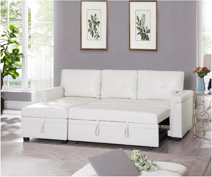 Naomi Home Transform Any Space: Sleeper Sectional Sofa with Convertible Sofa Bed & Inviting Chaise. Find Tranquil Comfort with Stress-Relieving Design & Durable Cushions - White/Air Leather-Ruum Studio Home