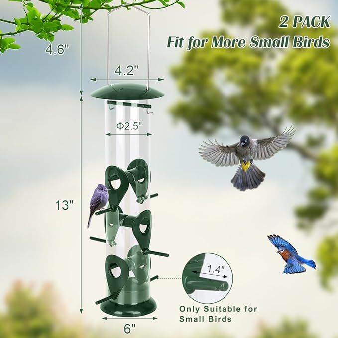 FEED GARDEN Metal Tube Bird Feeders for Outdoors Hanging, 6-Port Bird Feeder for Outside, Finch Feeders for Outside, Squirrel Proof Bird Feeders with Heavy Duty Metal Lid, Chew-Proof, 13 Inch Green-Ruum Studio Home