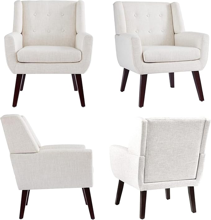 HUIMO Accent Chairs Set of 4, Upholstered Button Tufted Armchair, Linen Fabric Sofa Chairs for Bedroom, Living Room, Mid Century Modern Comfy Reading Chair (4, Beige)-Ruum Studio Home