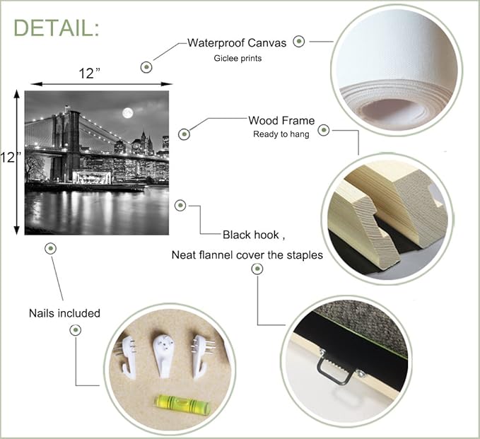 LevvArts Black and White City Wall Art Modern Brooklyn Bridge Picture Prints US Cityscape Canvas Artwork for Bedroom Home Decor-Ruum Studio Home