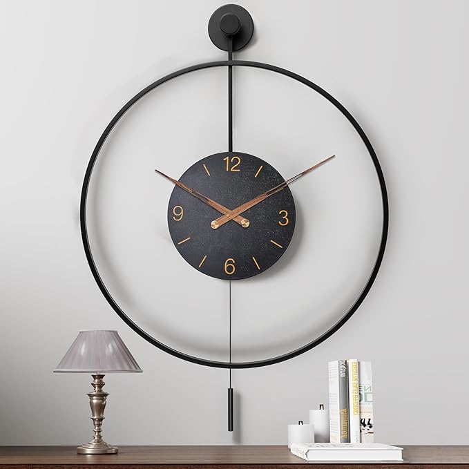 Large Modern Wall Clock,30.7× 20 Inch Big Metal Minimalist Arabic Numeral Dial,Decorative Farmhouse Pendulum Wall Clocks with Walnut Pointers forLiving Room Decor, Office,Dining Room-Ruum Studio Home