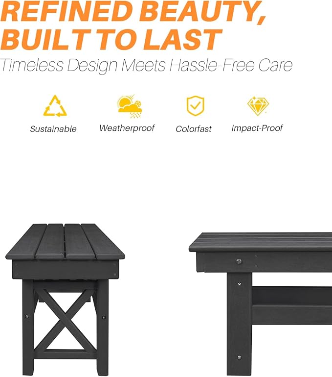 HDPE Outdoor Bench, 55" Patio Bench Outdoor Furniture, Poly Lumber Adirondack Benches, Fade-Resistant HDPE Garden Backless Benches for Park, Poolside, Garden, Porch, Obsidian-Ruum Studio Home