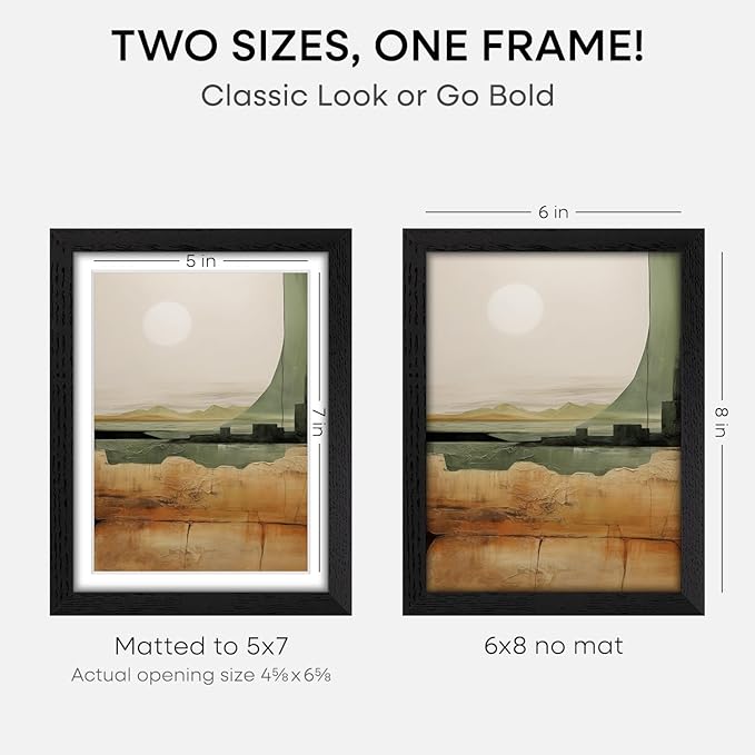 Homeforia 8x6 Black Wood Frame, High End Oak 6x8 Black Wooden Picture Frames with Mat 5x7 Art, 6 x 8 Frame Matted to 5 by 7 inch Photo, 6x8 Wall or Tabletop Frames, Tempered Glass, Wall Kit, Set of 1-Ruum Studio Home