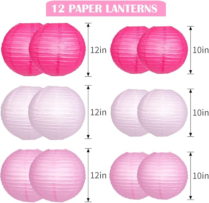 Paper Lanterns Decorative, Pink Hanging Round Chinese Lanterns with Lights for Engagement Bachelorette Birthday Party 12 LED Light Pack of 12-Ruum Studio Home