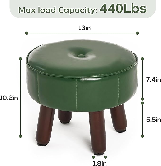 13in Small Foot Stool Ottoman, Round Faux Leather Foot Rest for Couch, Under Desk Pouf Footstool Footrest with Non-Skid Rubber Legs for Ling Room, Bedroom, 13''L x 13''W x 10.2''H, Green-Ruum Studio Home