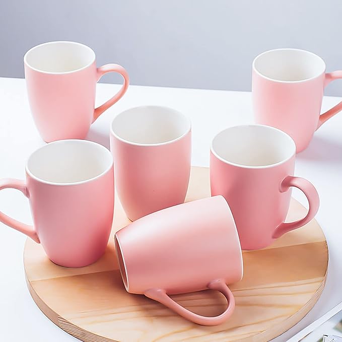 Coffee Mugs Set of 6, 12oz Ceramic Coffee Mugs with Handle, Matte Porcelain Pink Coffee Mug for Latte, Tea, Cocoa, Cappuccino, Cups for Women Men for Home Restaurant Mug (Pink)-Ruum Studio Home