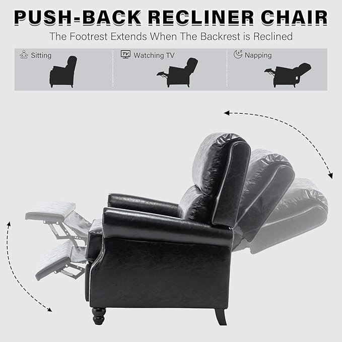 UIXE Pushback Recliner Chair, PU Leather Armchair Push Back Accent Chair for Living Room, Rivet Trim Club Chair Home Theater Overstuffed Single Sofa Bedroom Reading Seat - Black-Ruum Studio Home