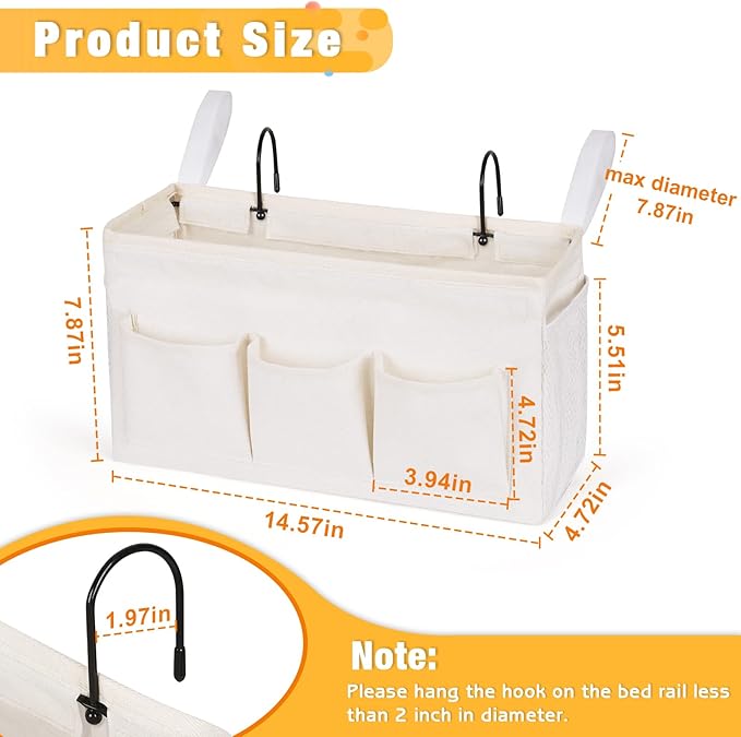 Bedside Caddy Organizer with Fixed Straps and Water Bottle Holder for Home, College Dorm, Hospital, Crib and Bunk Bed (2pcs White)-Ruum Studio Home