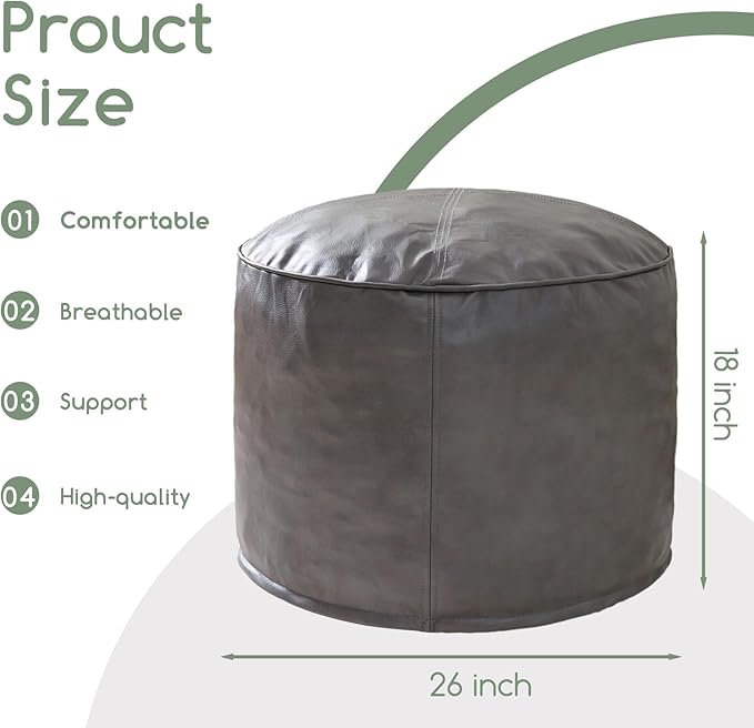 HIGOGOGO Round Stuffed Pouf Ottoman, Pu Leather Poufs with Foam Chunk Filling Foot Stool Storage Ottoman, 26 X 18 Floor Poufs Foot Rest for Living Room, Grey-Ruum Studio Home