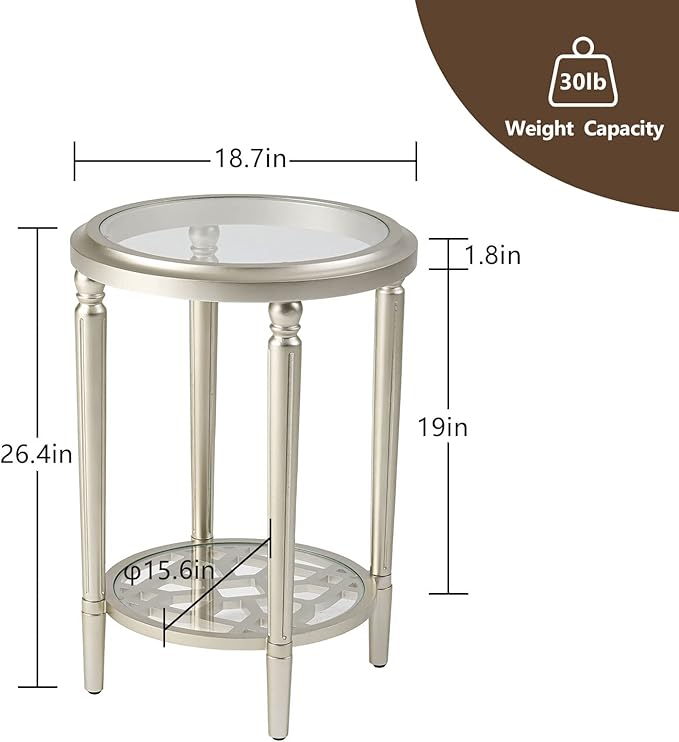 COSIEST Round Side Table, End Table Glass with Wood Frame, Champagne Gold Bedside Table with Modern Style for Living Room, Balcony, Bedroom-Ruum Studio Home