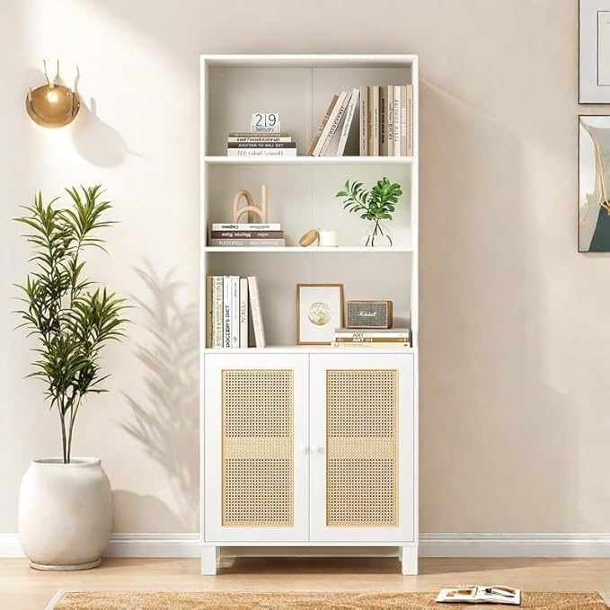 Tall Bookshelf, 5-Tier Book Shelf with 2 Rattan Doors, Freestanding Bookcase Display Shelves with Large Storage, Book Case for Living Room, Office, Study, Bedroom, 70.9 Inch-Ruum Studio Home