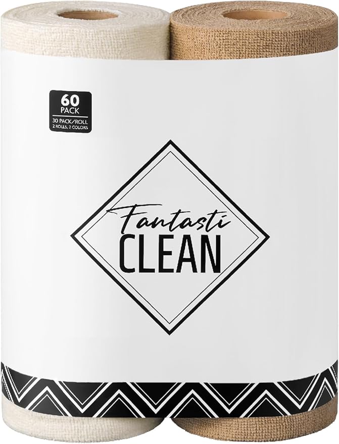 Fantasticlean Microfiber Cleaning Cloth Roll -60 Pack, Tear Away Microfiber Towels, 12" x 12", Reusable, Washable, Scratch Free, Ultra Absorbent Dish Rags for Car, Home, Garage or Shop (Beige & Tan)-Ruum Studio Home
