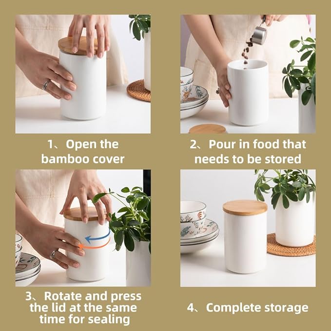 Sweejar Ceramic canisters for kitchen counter,Stackable Food Containers Set with Airtight Seal Bamboo Lid for Serving Ground Coffee, Tea, Spice, Flour and Sugar-Set of 3 (White)-Ruum Studio Home