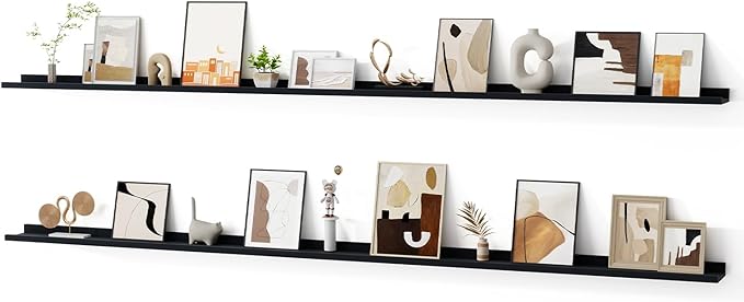 Floating Picture Ledge Shelves for Wall Set of 2, 95 Inches Picture Ledge Shelf with Long Large Nursery Book Shelf for Toys Storage Kids Bookshelf Wall Mounted Living Room Bedroom Decor Frames, Black-Ruum Studio Home