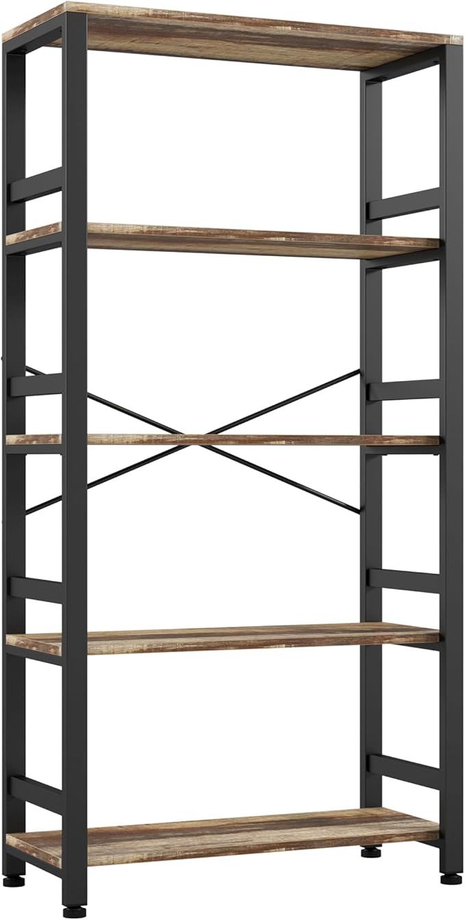 IRONCK Bookshelves and Bookcases, 31.5in Wide Shelf 5-Tier Ladder Shelf 110lbs/shelf Vintage Industrial Style Bookcase for Bedroom Living Room Home, Rustics Brown-Ruum Studio Home