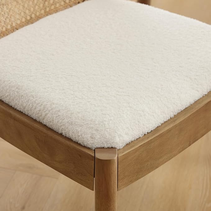 Mid Century Dining Chairs Set of 4, Accent Rattan Side Chairs Sherpa Fabric Kitchen Chair with Solid Wooden Legs for Living Room Dining Room, White-Ruum Studio Home