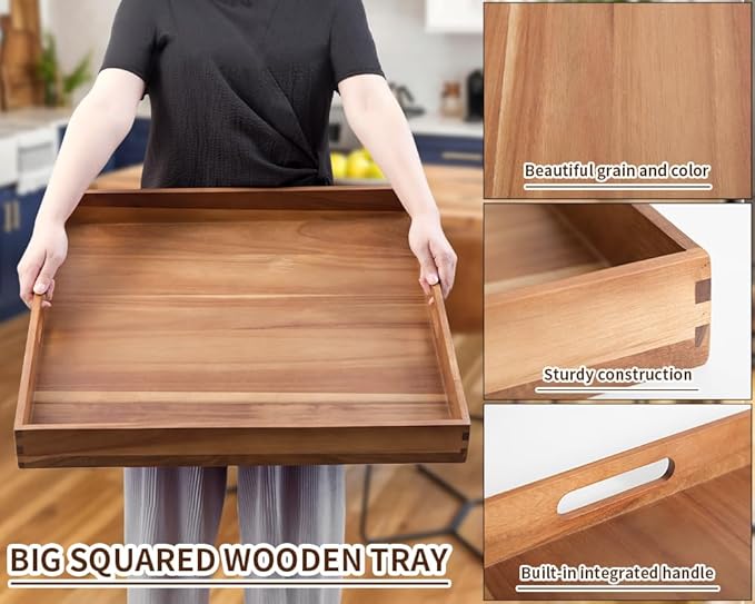 Extra Large Square Wood Tray, Generously 22" Acacia Serving Trays for Large Ottoman Coffee Table, Giant Square Shape Sofa Tray with Handles, Kitchen Organizer Storage Trays Huge Counter Serveware-Ruum Studio Home