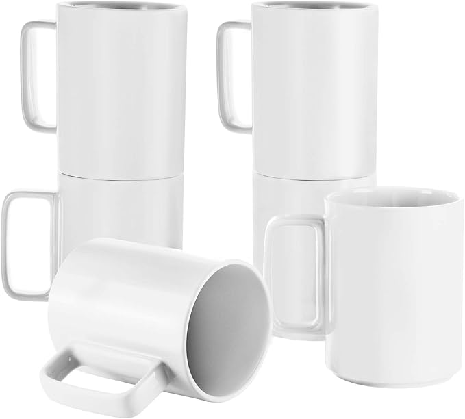 E-liu Porcelain Tea Mugs Coffee Mug Set, Large 15 Ounces Cups for Coffee, Tea, Cocoa, and Mulled Drinks, Set of 6, White-Ruum Studio Home