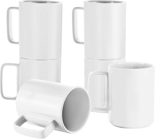 E-liu Porcelain Tea Mugs Coffee Mug Set, Large 15 Ounces Cups for Coffee, Tea, Cocoa, and Mulled Drinks, Set of 6, White-Ruum Studio Home