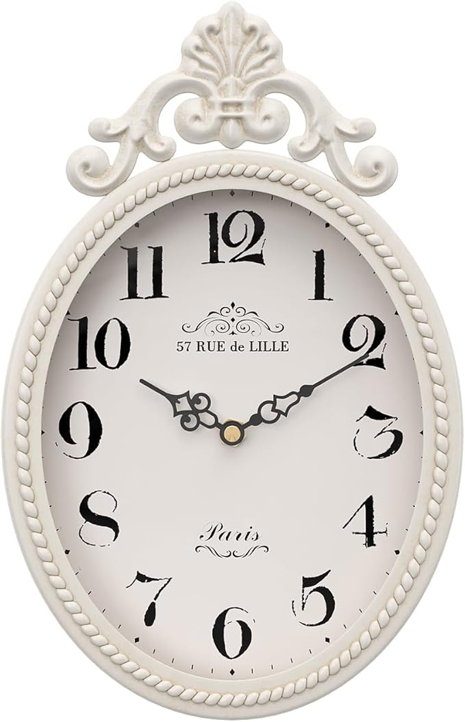 Abdurey Small French Retro Decorative Wall Clock, Ivory White Vintage Oval Style,Silent Battery Operated Boho Decor Wall Clocks for Farmhouse,Kitchen,Bedroom,Bathroom(10.4" H x 6.7" W)-Ruum Studio Home
