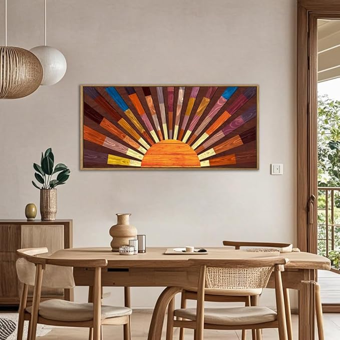 IARTTOP Extra Large Boho Sun Wood Wall Art for Living Room Wooden 3D Framed Abstract Sun Rising on the Horizon Geometric Wall Decor Mid century Sunshine Artwork Home Bedroom Office20 * 40 Inch-Ruum Studio Home