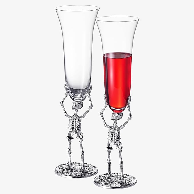 Stemmed Skeleton Champagne Flute Glasses Set of 2 | Gothic Halloween Drinkware | 7.5oz 10" Tall Skeleton Goblets for Haunted Parties, Spooky Wine Glass Set, Gothic Skeleton Decor & Unique Gift Idea-Ruum Studio Home