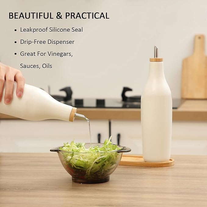 HOMCDALY Ceramic Olive Oil Dispenser for Kitchen, Stoneware 16oz Oil and Vinegar Bottles Dispenser, Kitchen Dispenser Bottle for EVOO Vinegar Syrups, Modern Farmhouse Design(W)-Ruum Studio Home
