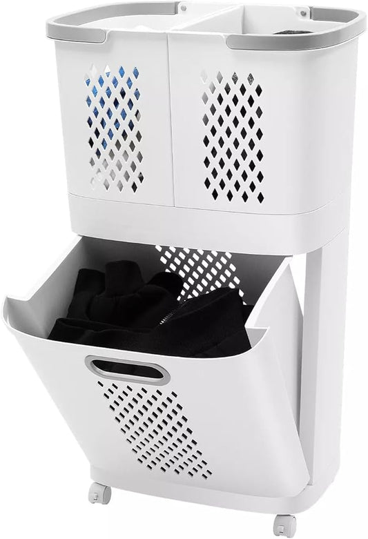 Movable Household Laundry Basket,2 Tier Laundry Hamper Basket Sorter with Wheels&Handle,Large Hand-Held Laundry Basket Clothes Storage Organizer for Bathrooms Bedrooms-Ruum Studio Home