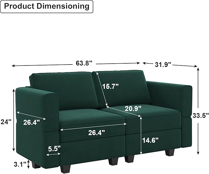 Belffin Modular Loveseat Sofa Couch with Storage Seats Velvet 2 Seater Love Seats for Small Spaces Green-Ruum Studio Home