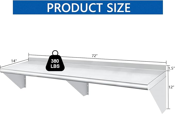 HARDURA Stainless Steel Shelf 14" x 72", 352lb Commercial Shelves Wall Mount Metal Shelving with Backsplash and Brackets for Kitchen, Restaurant, Laundry Room and Home-Ruum Studio Home