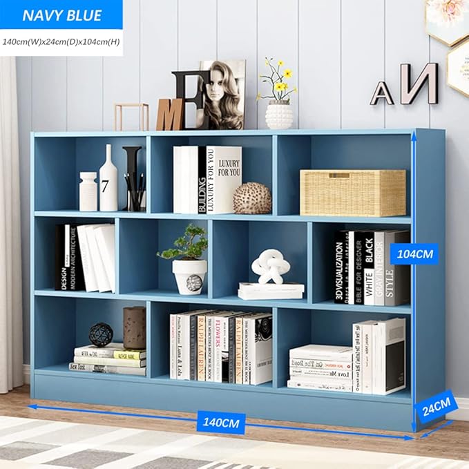 IOTXY Open Shelf Low Bookcase - Wooden 3-Tier Floor Standing Display Cabinet Organizer with Base, 10 Cubes Short Horizontal Bookshelf in Bright Blue-Ruum Studio Home