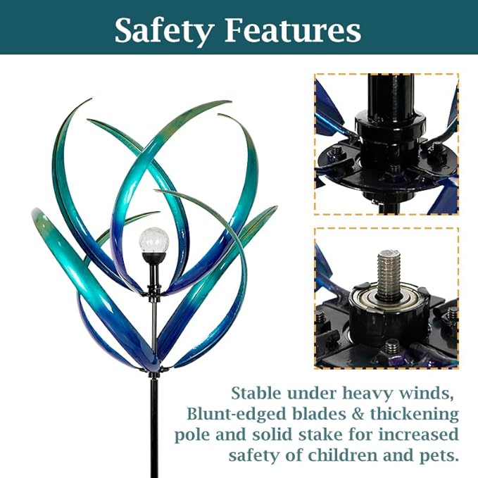 Outdoor Wind Spinners with Solar Light, 82'' Metal Large Spinner Yard Art, Peacock Blue Wind Sculptures for Garden Lawn Patio, Gifts for Family-Ruum Studio Home