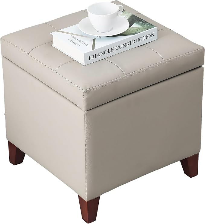 Adeco 18" PU Storage Ottoman, Upholstered Square Faux Leather Foot Rest - Flip Top Footstool with Sturdy Wood Legs, Small Cube Coffee Table Extra Seat for Living Room, Bedroom, Elephant Grey-Ruum Studio Home