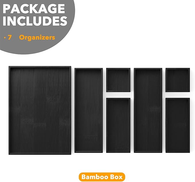 SpaceAid 7-Piece Bamboo Drawer Organizer Storage Boxes Set, Wood Tray Junk Drawer Organizers Multi-Use Divider Bins for Kitchen, Bathroom, Office Desk and Makeup Organization (7 Pack, Black)-Ruum Studio Home
