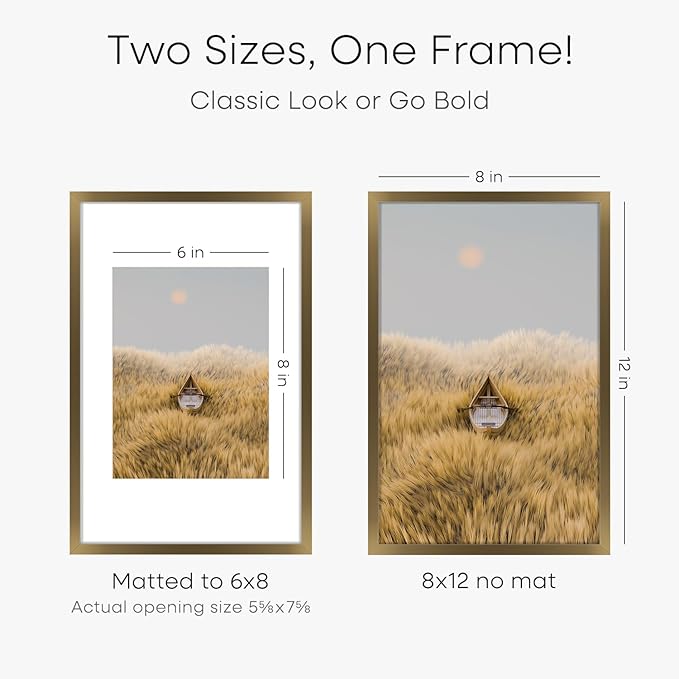 Homeforia 8x12 Picture Frame Bronze, High End Metal 8 x 12 Brass Frames with Mat 6 by 8 for Photo, 12x8 Frame Matted to 6x8 inch Print, 8by12 Wall or Tabletop Frame, Tempered Glass, Wall Kit, Set of 1-Ruum Studio Home