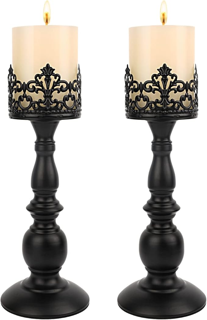 Candle Holders for Pillar Candles Gothic Matte Black Vintage Tall Candle Holders Set of 2 Decorative Large Table Centerpieces Candle Stand Decor (Black 2PCS A)-Ruum Studio Home