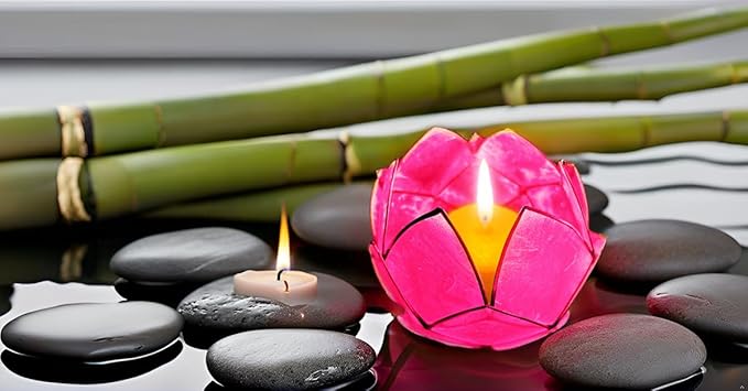 Blooming Lotus Capiz Shell Tealight Candle Holder, Handcrafted Decorative Tea Light Candleholder with Translucent Flower Petals for Ambient Illumination and Natural Elegance, Fuchsia-Ruum Studio Home