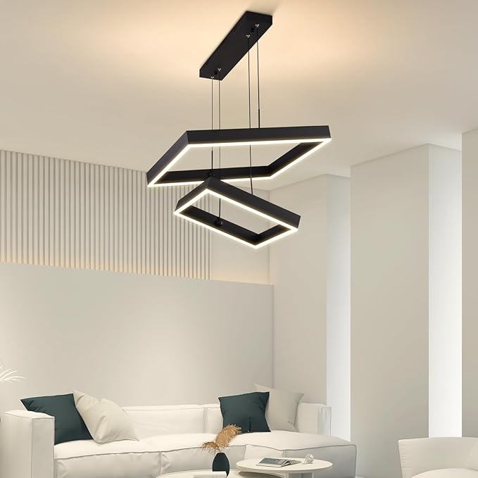 Modern Led Rectangle Chandelier for Dining Room, Dimmable Black Modern Chandelier with Remote, Adjustable Foyer Lighting Fixture-Ruum Studio Home
