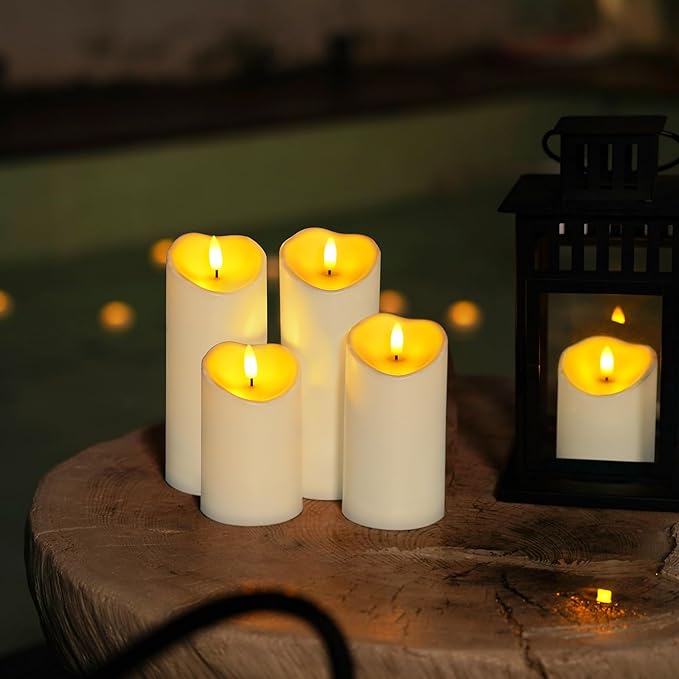 Homemory Outdoor Waterproof Flameless Candles, LED Candles, Battery Operated Candles with Remote and Timers, Electric Fake Plastic Pillar Candles, Ivory White, D3 H4 5" 6" 8" 8", Set of 5-Ruum Studio Home