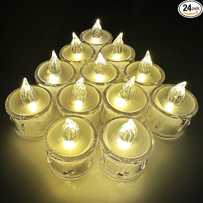 24-Pack Crystal Flameless Tea Lights – Battery Operated LED Candles with Realistic Flicker for Easter Decorations, Wedding Centerpieces, Halloween Party & Holiday Gift Box (Set of 24)-Ruum Studio Home