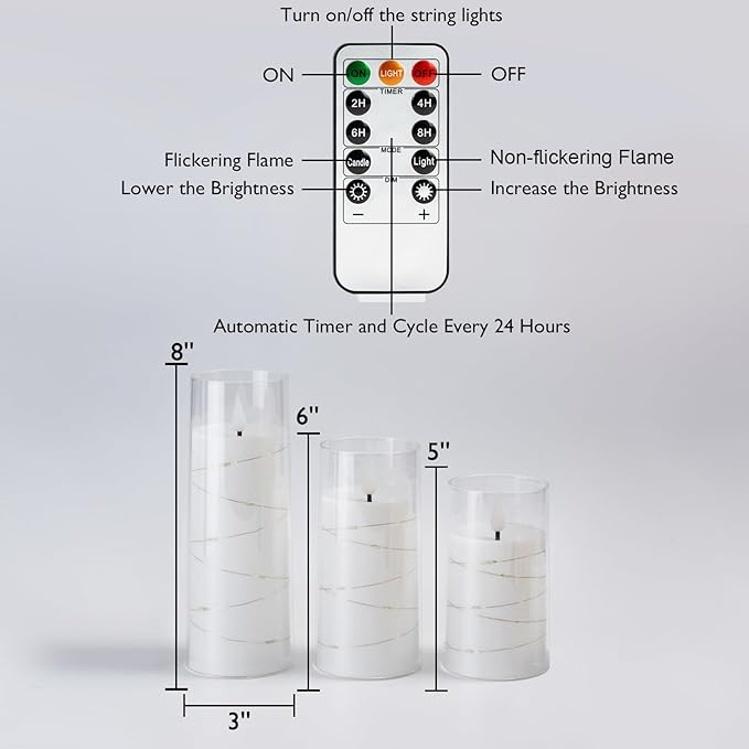Homemory 9 Pcs Flameless Candles with Embedded Star String Fairy Lights, Battery Operated Candles, LED Candle, Fake Candles with Remote Control and Timer (Ivory)-Ruum Studio Home
