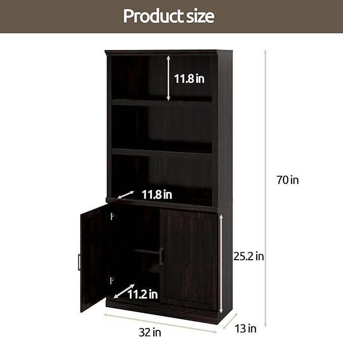 70 Inch Tall Bookcase with Doors, Library Office Bookshelf with Adjustable Shelves, Floor Standing Storage Cabinet for Bedroom Living Room Organizer with Anti Tipping Kit, Dark Cherry Finish-Ruum Studio Home