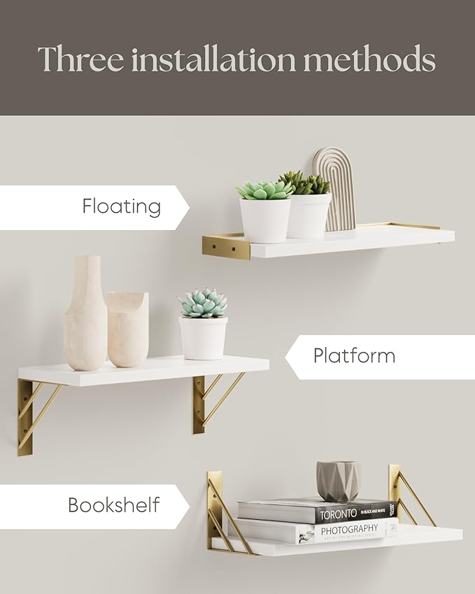 BAYKA Wall Shelves for Bedroom Decor, Floating Wall Shelves for Living Room Kitchen Storage, Wall Mounted Rustic Wood Shelves for Kids Books,Corner Shelves for Bathroom(White and Gold，Set of 3)-Ruum Studio Home