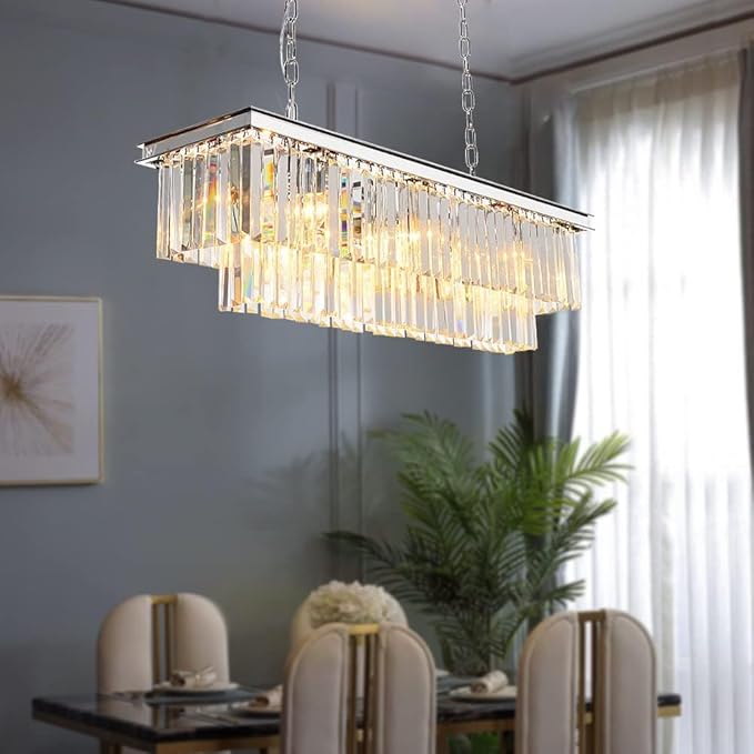 Luxury Chrome Rectangular Crystal Chandeliers Lighting Modern Pendant Ceiling Lights Rectangle Chandelier Lamp Fixture 8-Lights for Dining Room Kitchen Island-Ruum Studio Home